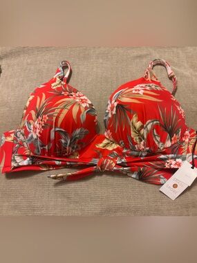 Red Tropical Floral Underwire Bikini Top with molded cups and Tie Front.